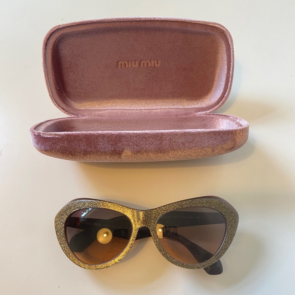 MIU MIU Brown golden glitter, gently used sunglasses with case and new cloth.
